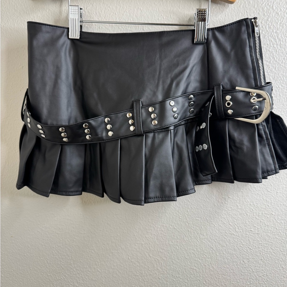 Fashion Nova Black Faux Leather Pleated Mini Skirt with Studded Belt